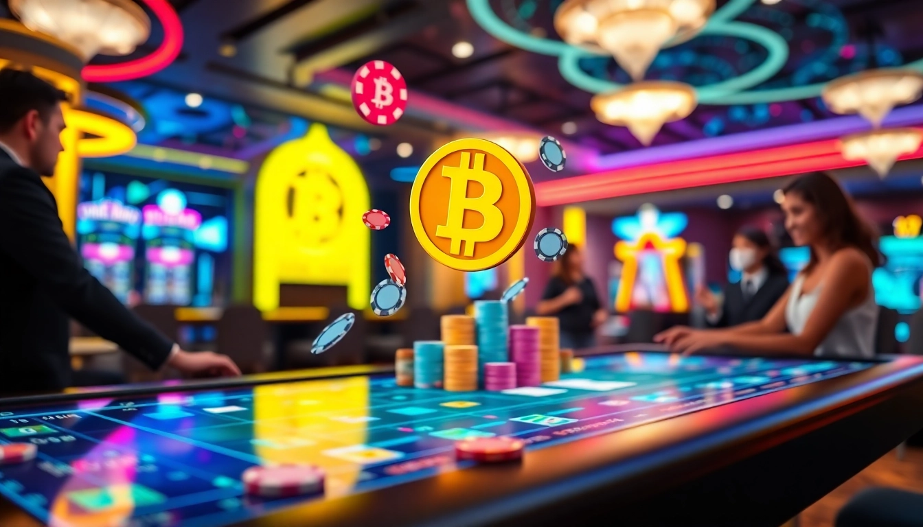 Visitez un Bitcoin casino avec des joueurs chanceux autour d'une table numérique animée.