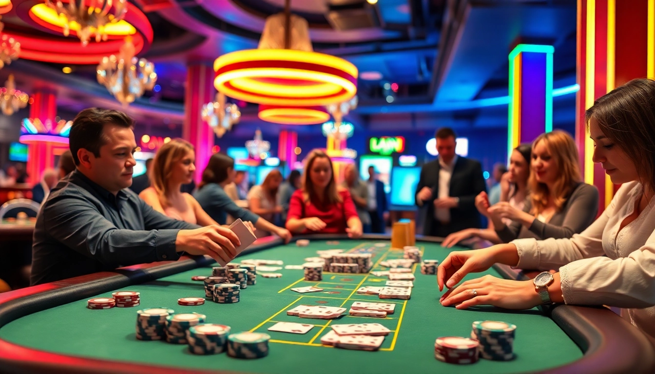 Gagner au casino en ligne argent réel avec des joueurs heureux autour de la table de jeux.