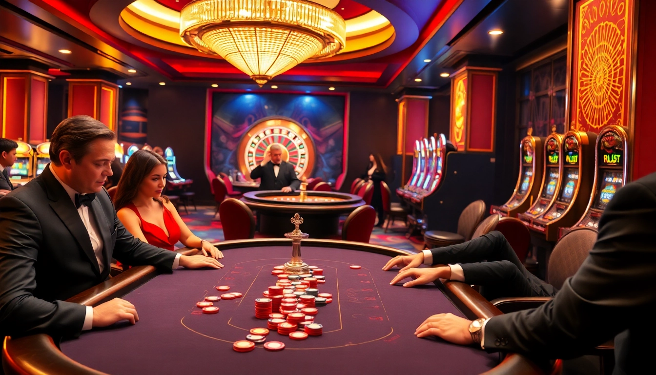 Players engaging in high-stakes poker at rik vip casino, surrounded by rich colors and exciting atmosphere.