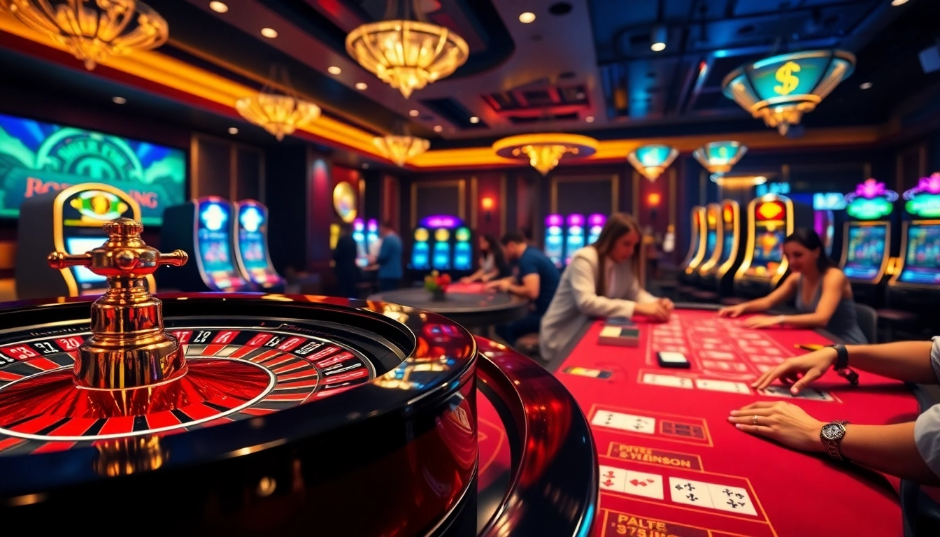 Engaging scene at a casino en crypto, featuring vibrant gaming tables and players enjoying online gambling.