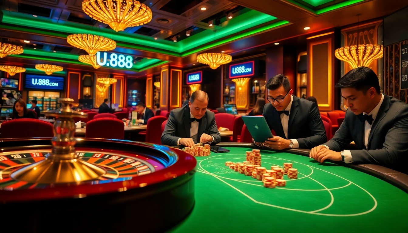 Gambling at u888 com casino with exciting roulette wheel and poker chips.
