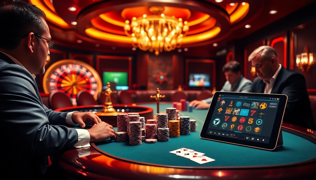 Experience the thrill with mm88 đăng nhập as players engage in high-stakes poker and roulette at a luxurious casino table.