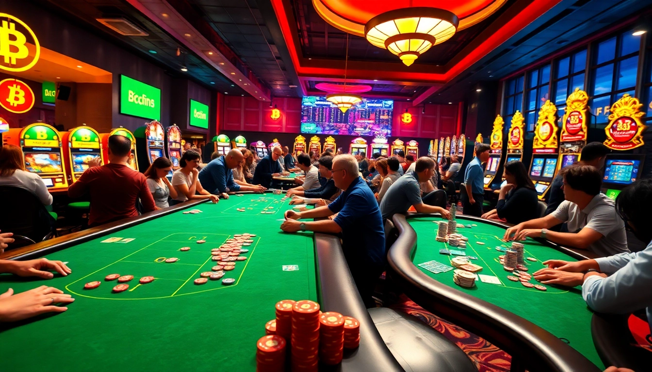 Découvrez l'expérience excitante d'un Bitcoin casino avec des joueurs captivés et des tables animées.