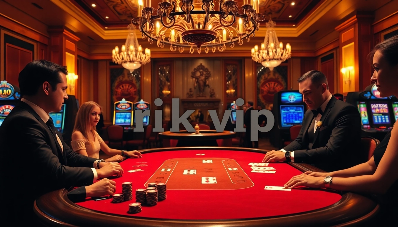 Rich blackjack table at a luxurious casino representing rik vip, showcasing poker chips and players in action.